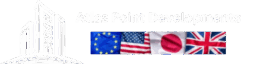 Logo for Atlas Point Developments featuring a modern building icon, company name in white text, and a row of international flags including the EU, USA, Japan, and UK.